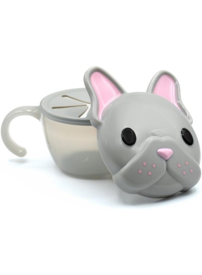 melii Snack Container for Kids - Bulldog Design Mess Free, Adaptable, and Easy to Hold with Removable Finger Trap - Perfect for Independent Snacking, Travel - BPA Free and Dishwasher Safe - Grey - Image 1