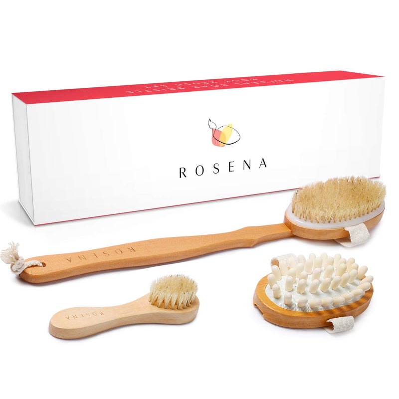 Dry Brushing Body Brush Set Natural Bristle Spa Exfoliator Kit with Face Cleansing Brush Long Dry Brushing Body Brush for Lymphatic Drainage Massaging Cellulite Brush for Smooth Radiant Skin