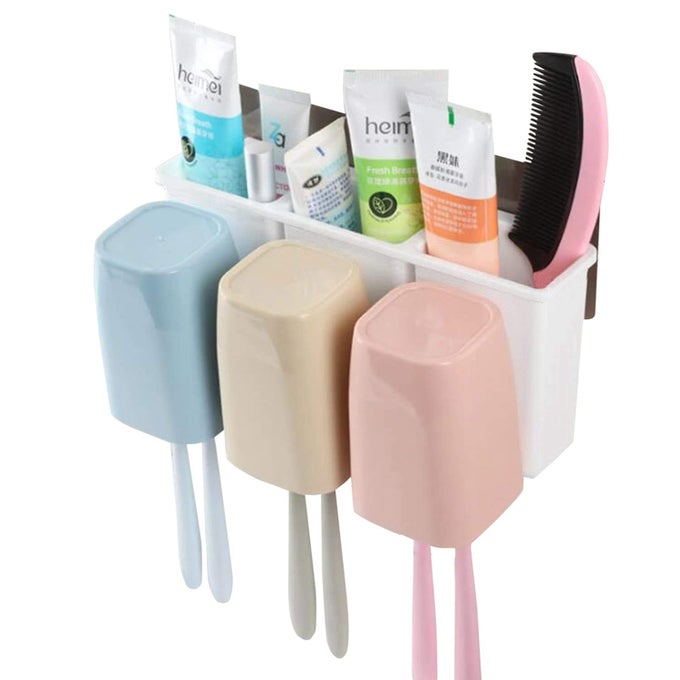 SELF ADHESIVE PLASTIC WALL MOUNTED TOOTHBRUSH HOLDER FOR BATHROOM WITH 3 SLOT FOR KEEPING TOOTHPASTE CREAM LOTION SHAMPOO WHITE COLOR