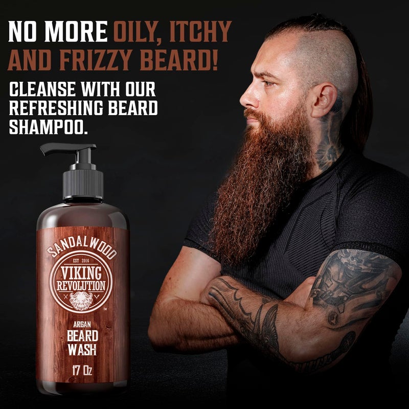 Viking Revolution Beard Wash Shampoo w/Argan & Jojoba Oils - Softens & Strengthens - Sandalwood Scent - 17 oz Shampoo - Image 2