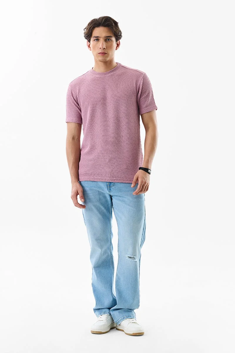 سنيتش Pastel Pink Textured Short Sleeve Slim Fit T-Shirt