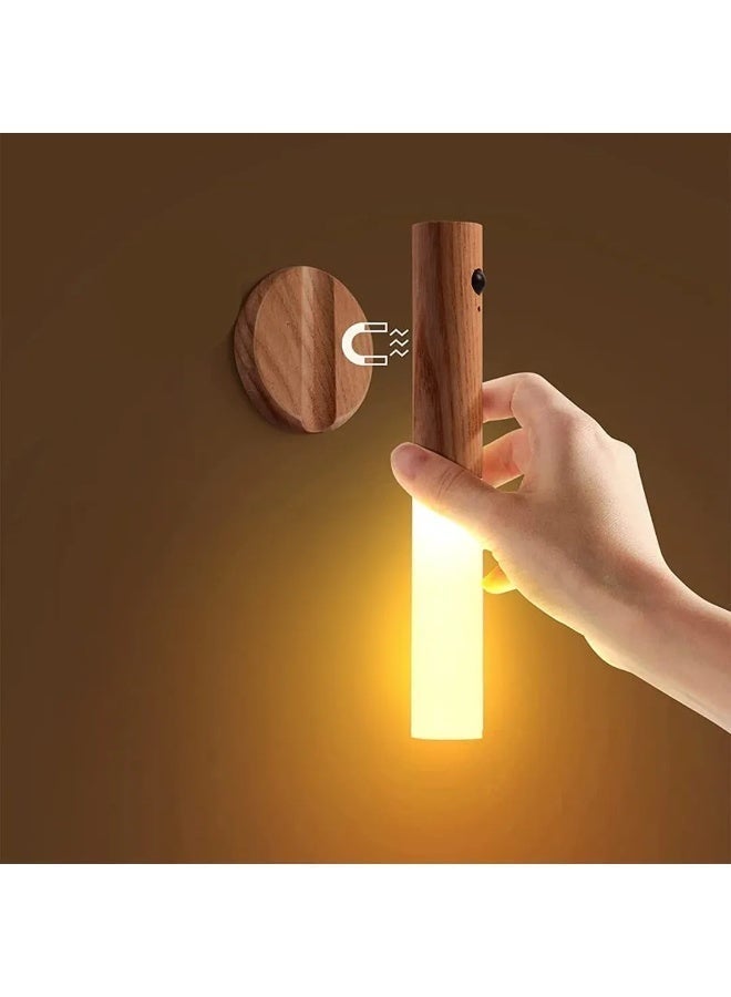 Smart Motion Sensor LED Night Light Rechargeable Magnetic Wall-Mounted Wooden Style with USB Cable - Image 3