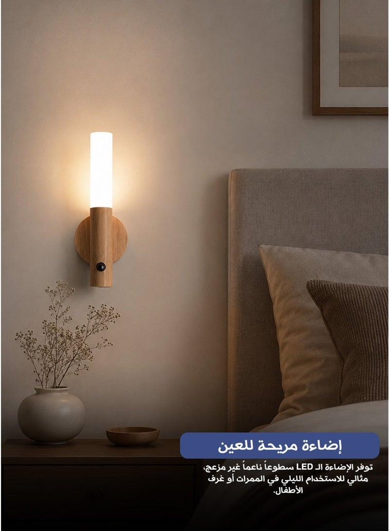 Smart Motion Sensor LED Night Light Rechargeable Magnetic Wall-Mounted Wooden Style with USB Cable - Image 1