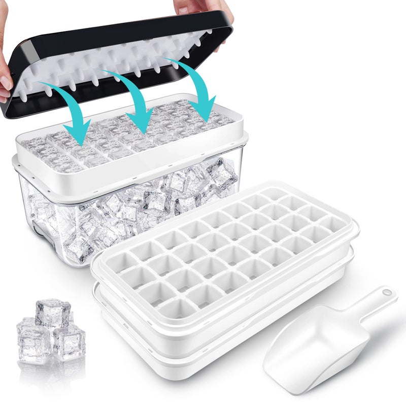 Ice Trays for Freezer with Lid  Bin Ice Cube Tray Making 64 pcs Ice Cubes Easy Press to Release Ice Ice Tray with Storage Bin Chilling Cocktail Whiskey Coffee 2 Trays 1 Ice Bucket  Scoop Black