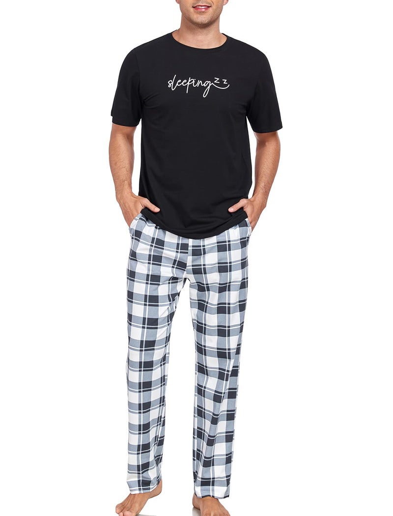 EISHOPEER Men's Pajama Set Cotton Sleepwear Lightweight Soft T-Shirt Sleep Bottoms Summer Lounge Sleep Sets Black/Plaid Medium - Image 2