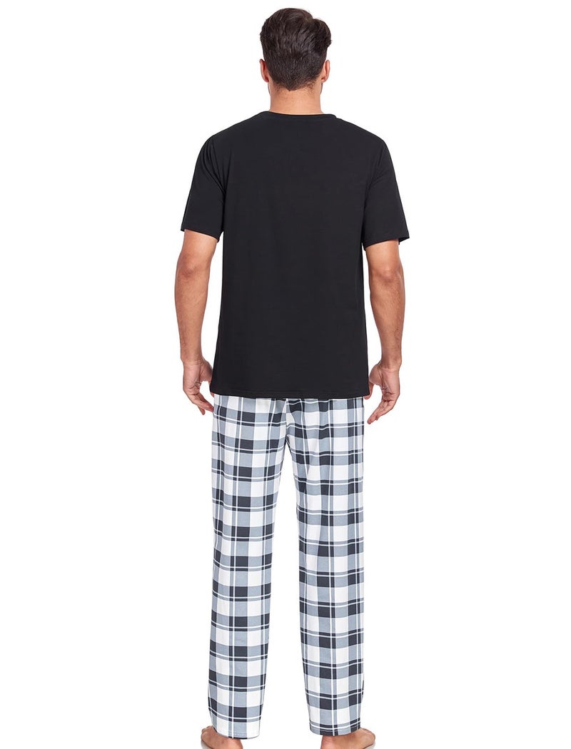 EISHOPEER Men's Pajama Set Cotton Sleepwear Lightweight Soft T-Shirt Sleep Bottoms Summer Lounge Sleep Sets Black/Plaid Medium - Image 5