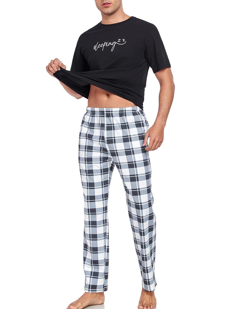 EISHOPEER Men's Pajama Set Cotton Sleepwear Lightweight Soft T-Shirt Sleep Bottoms Summer Lounge Sleep Sets Black/Plaid Medium - Image 3
