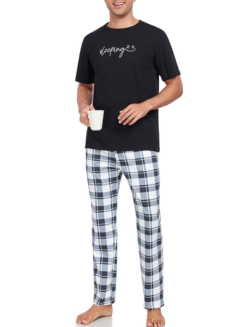 EISHOPEER Men's Pajama Set Cotton Sleepwear Lightweight Soft T-Shirt Sleep Bottoms Summer Lounge Sleep Sets Black/Plaid Medium - Image 4