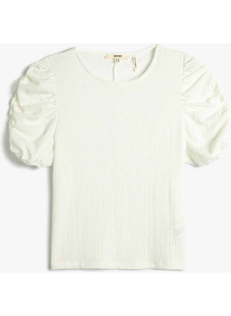 كوتون T-Shirt with Gathered Sleeves Crew Neck