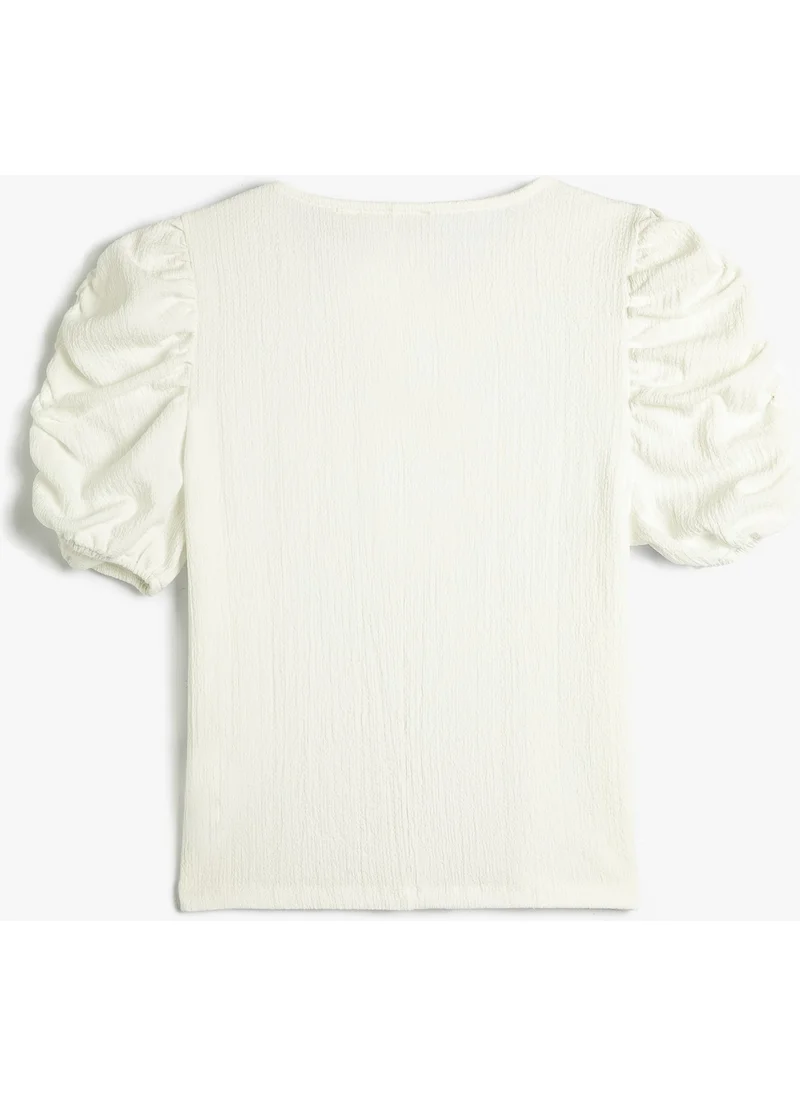 KOTON T-Shirt with Gathered Sleeves Crew Neck