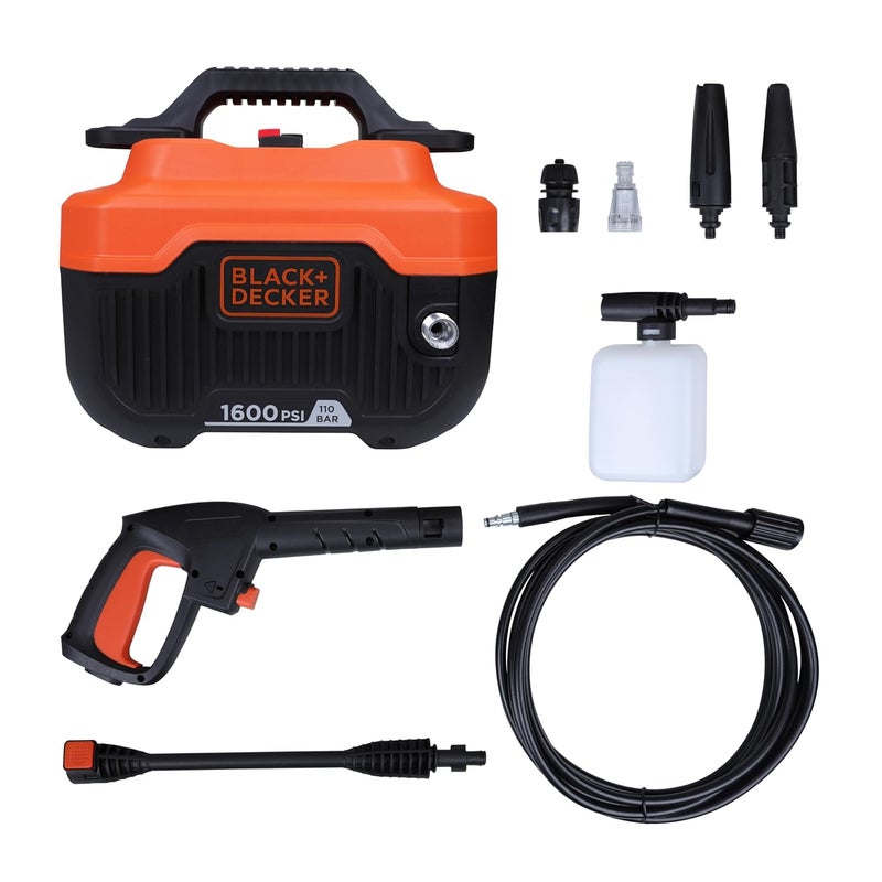 BLACK+DECKER غسالة ضغط أفقية BEPW1600H بقوة 1300 واط و1600 PSI و110 بار لتنظيف السيارات والدراجات والمنازل والحدائق مع ملحقات متعددة، ضمان لمدة سنة، برتقالي وأسود - Image 1