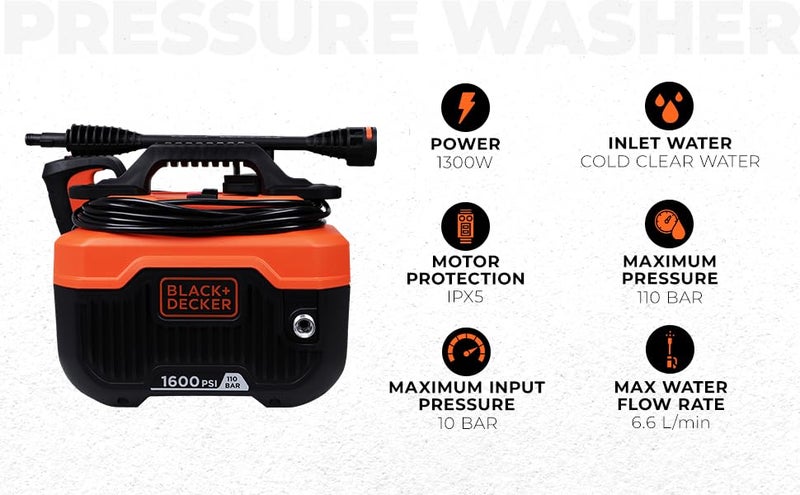 BLACK+DECKER غسالة ضغط أفقية BEPW1600H بقوة 1300 واط و1600 PSI و110 بار لتنظيف السيارات والدراجات والمنازل والحدائق مع ملحقات متعددة، ضمان لمدة سنة، برتقالي وأسود - Image 2