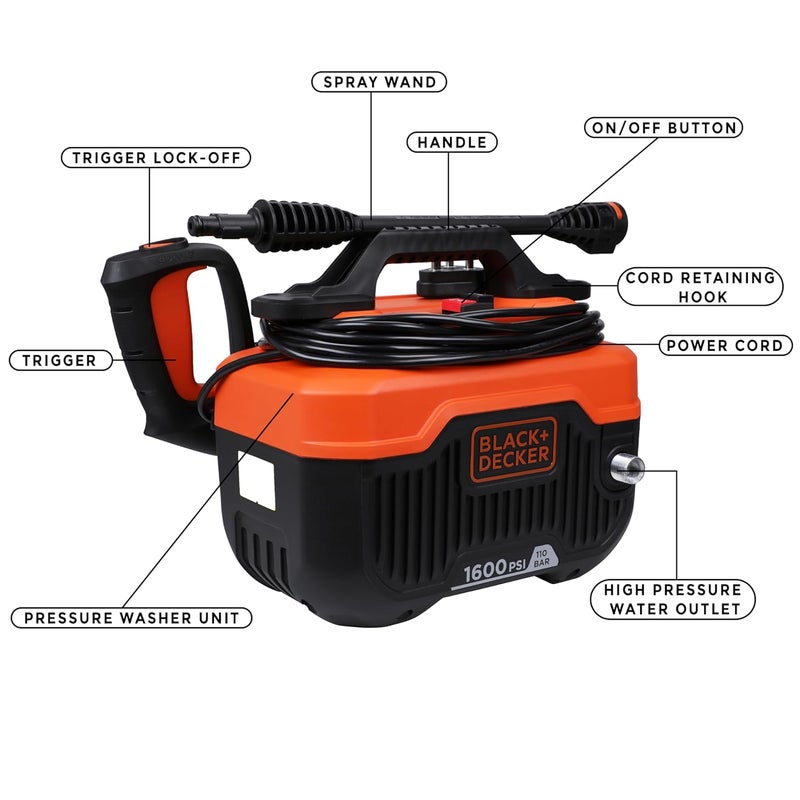 BLACK+DECKER غسالة ضغط أفقية BEPW1600H بقوة 1300 واط و1600 PSI و110 بار لتنظيف السيارات والدراجات والمنازل والحدائق مع ملحقات متعددة، ضمان لمدة سنة، برتقالي وأسود - Image 3