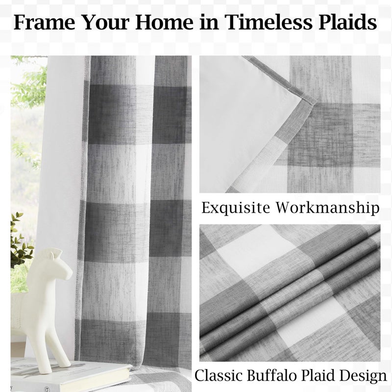 Bapawfish Gray White Buffalo Plaid Full Blackout Window Curtains 84 Inches Long Farmhouse Geo Checkered Panels Linen Textured Grommet Drapes Noise Reducing Window Treatment for Bedroom,Living Room,40"x84"x2 - Image 3