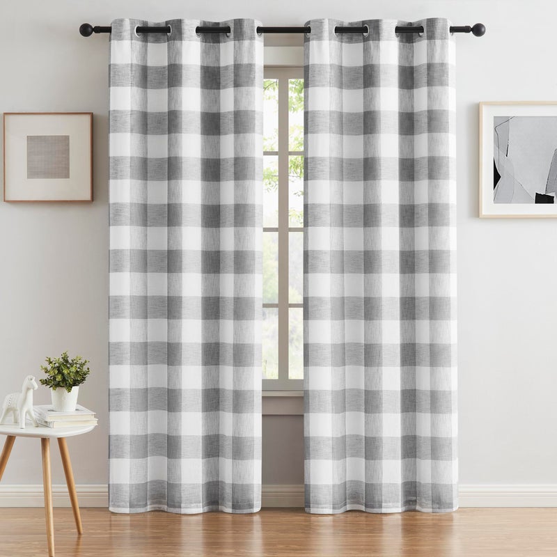 Bapawfish Gray White Buffalo Plaid Full Blackout Window Curtains 84 Inches Long Farmhouse Geo Checkered Panels Linen Textured Grommet Drapes Noise Reducing Window Treatment for Bedroom,Living Room,40"x84"x2 - Image 1