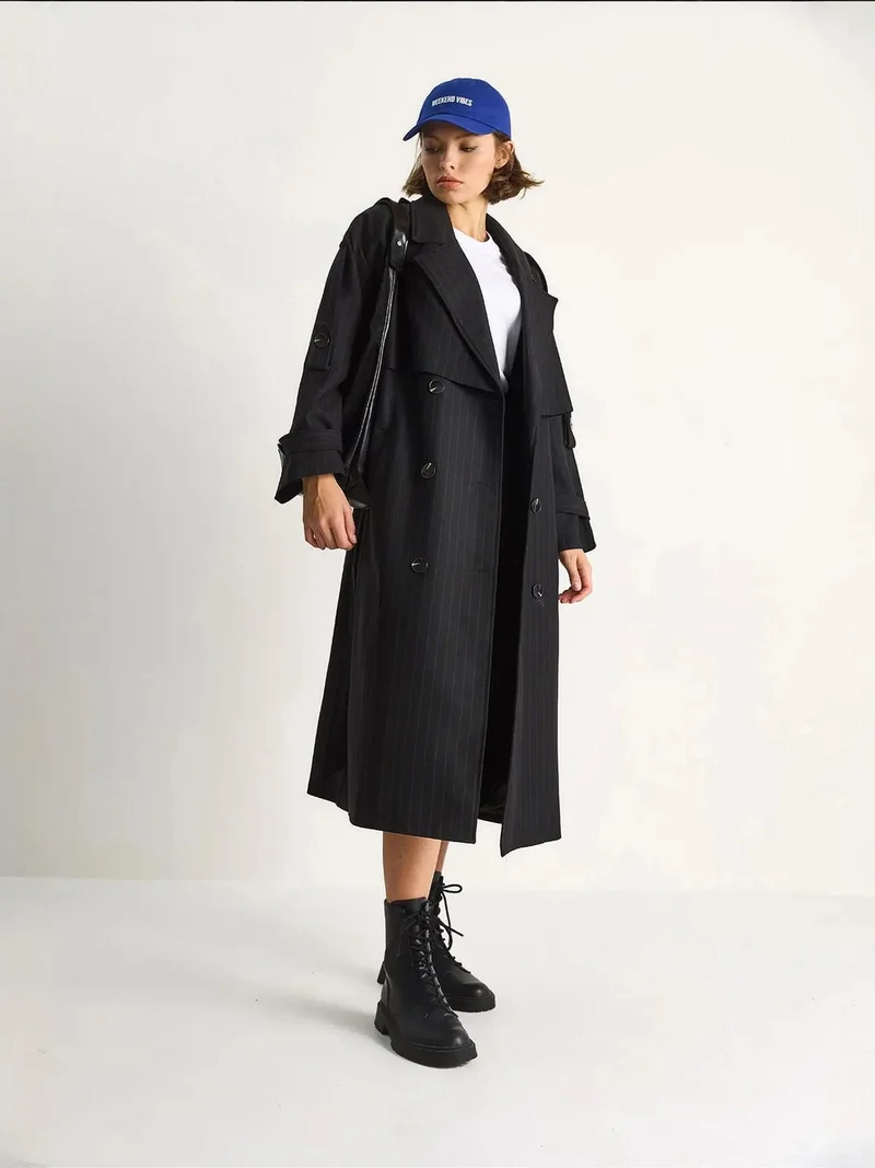 Bianco Lucci LUCCI Cotton Midi Trench Coat with Double Breasted Closure