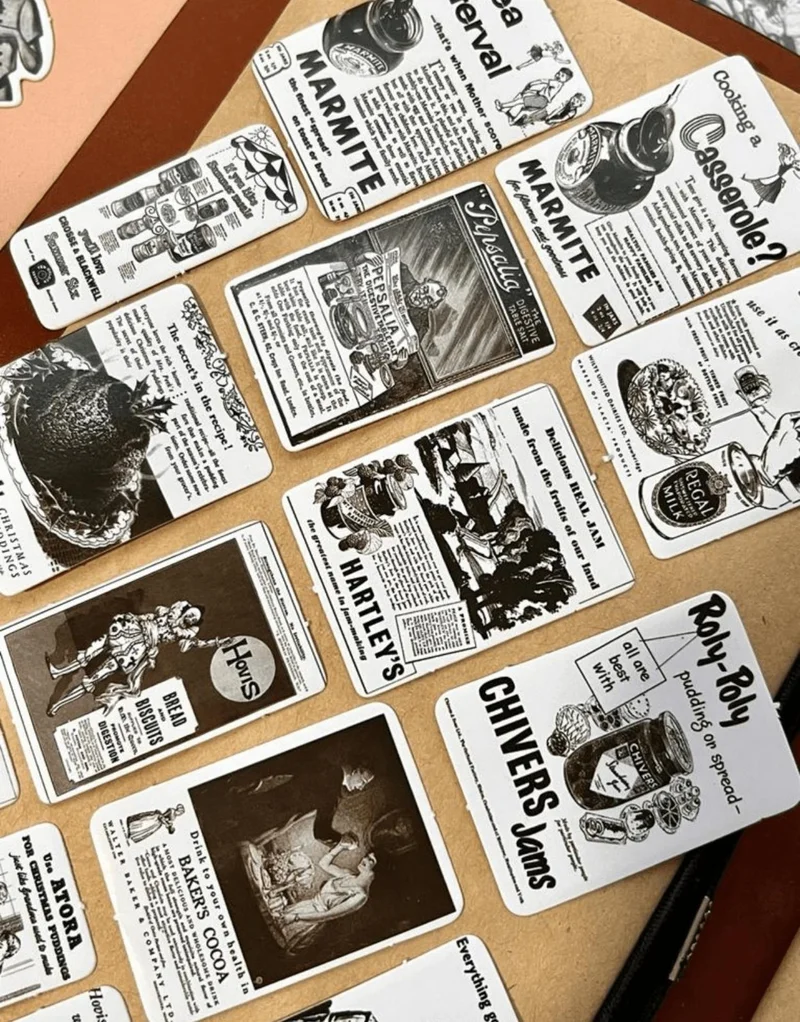 Kağıt Gemi Dükkan Paper Ship Shop Time Notes Black White Nostalgic Advertisements 50 Pieces Mini Box Sticker / Bullet Journal / Decal