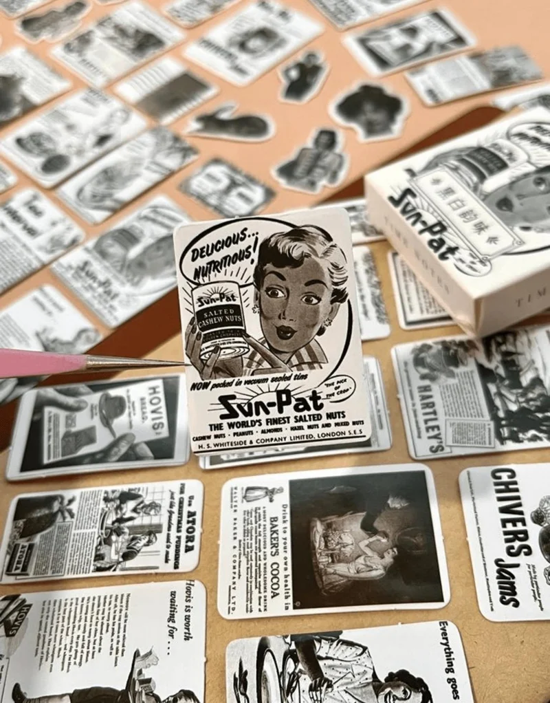 Kağıt Gemi Dükkan Paper Ship Shop Time Notes Black White Nostalgic Advertisements 50 Pieces Mini Box Sticker / Bullet Journal / Decal
