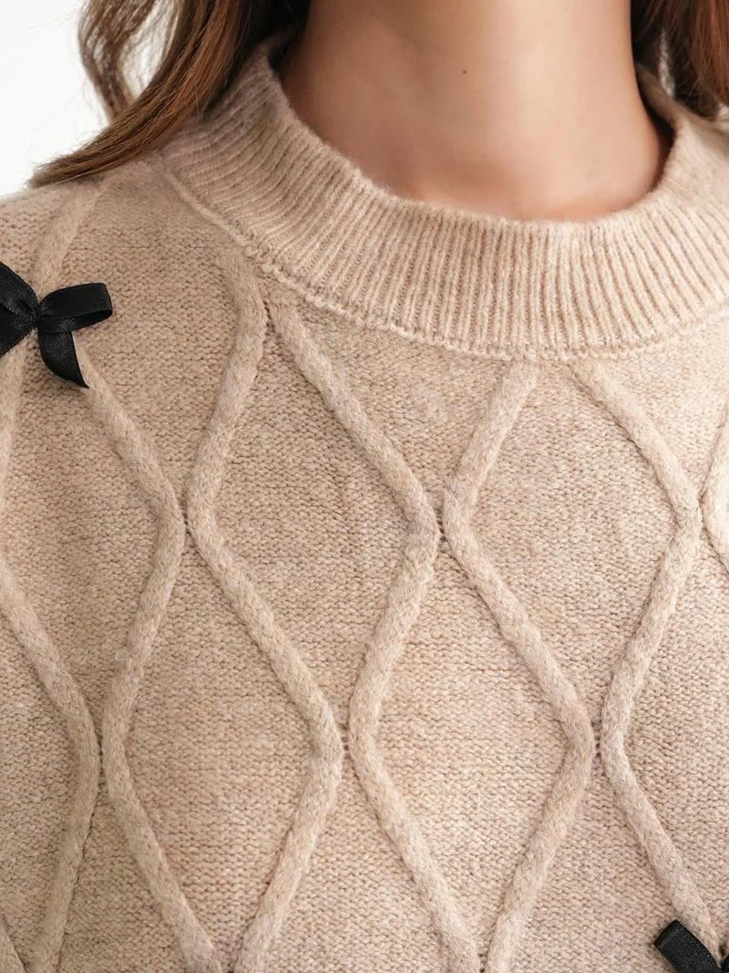 MixRay Bow Detail Cable Knit Oversized Sweater