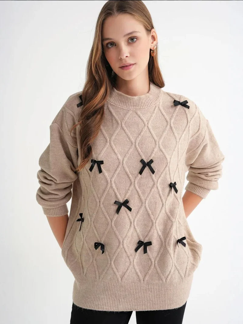 MixRay Bow Detail Cable Knit Oversized Sweater