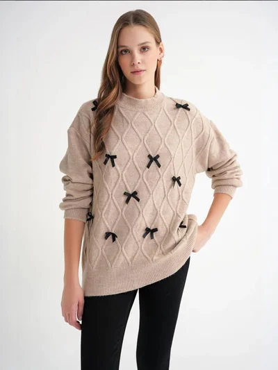 MixRay Bow Detail Cable Knit Oversized Sweater