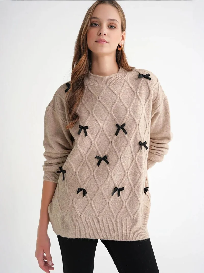MixRay Bow Detail Cable Knit Oversized Sweater