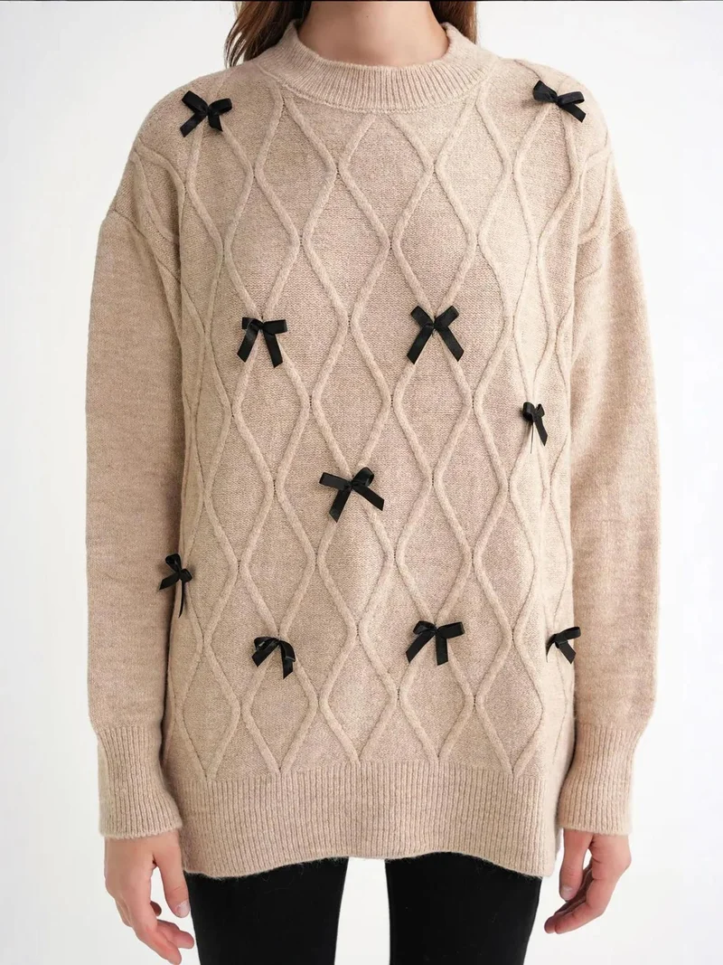 MixRay Bow Detail Cable Knit Oversized Sweater