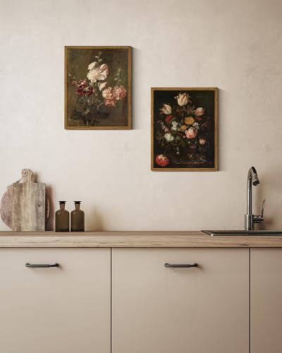 ARPEOTCY Framed Vintage Wall Art, Moody Floral Hollyhocks Bathroom Vintage Decor, Canvas Prints, French Country Farmhouse Decor, Home Dark Academia Wall Art, 8x10 Inch - Image 4