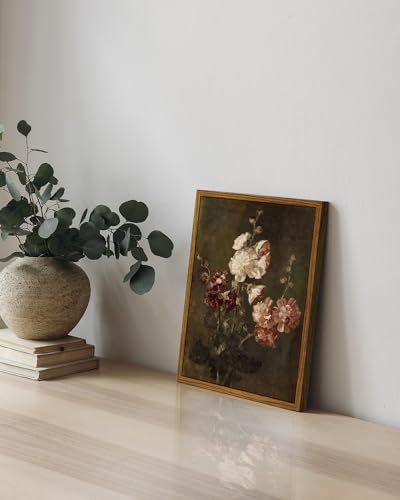 ARPEOTCY Framed Vintage Wall Art, Moody Floral Hollyhocks Bathroom Vintage Decor, Canvas Prints, French Country Farmhouse Decor, Home Dark Academia Wall Art, 8x10 Inch - Image 3