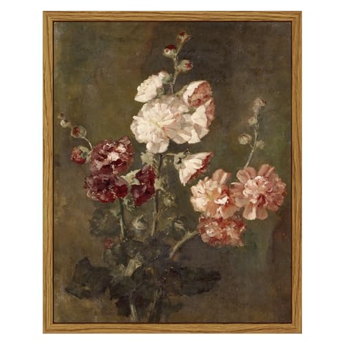 ARPEOTCY Framed Vintage Wall Art, Moody Floral Hollyhocks Bathroom Vintage Decor, Canvas Prints, French Country Farmhouse Decor, Home Dark Academia Wall Art, 8x10 Inch - Image 1