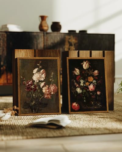 ARPEOTCY Framed Vintage Wall Art, Moody Floral Hollyhocks Bathroom Vintage Decor, Canvas Prints, French Country Farmhouse Decor, Home Dark Academia Wall Art, 8x10 Inch - Image 2