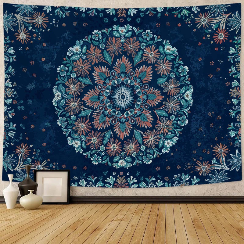 Fowocu Boho Floral Mandala Tapestry Wall Hanging Blue Bohemian Flower Medallion Tapestry Aesthetic Vintage Navy Hippie Indian Small Tapestries for Bedroom Living Room Dorm Decor 40 x 30 Inch - Image 1