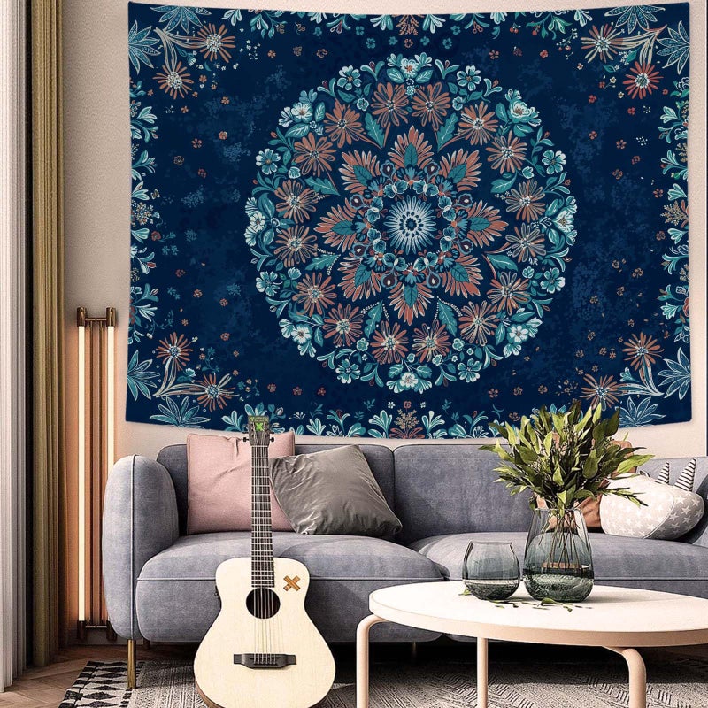 Fowocu Boho Floral Mandala Tapestry Wall Hanging Blue Bohemian Flower Medallion Tapestry Aesthetic Vintage Navy Hippie Indian Small Tapestries for Bedroom Living Room Dorm Decor 40 x 30 Inch - Image 2