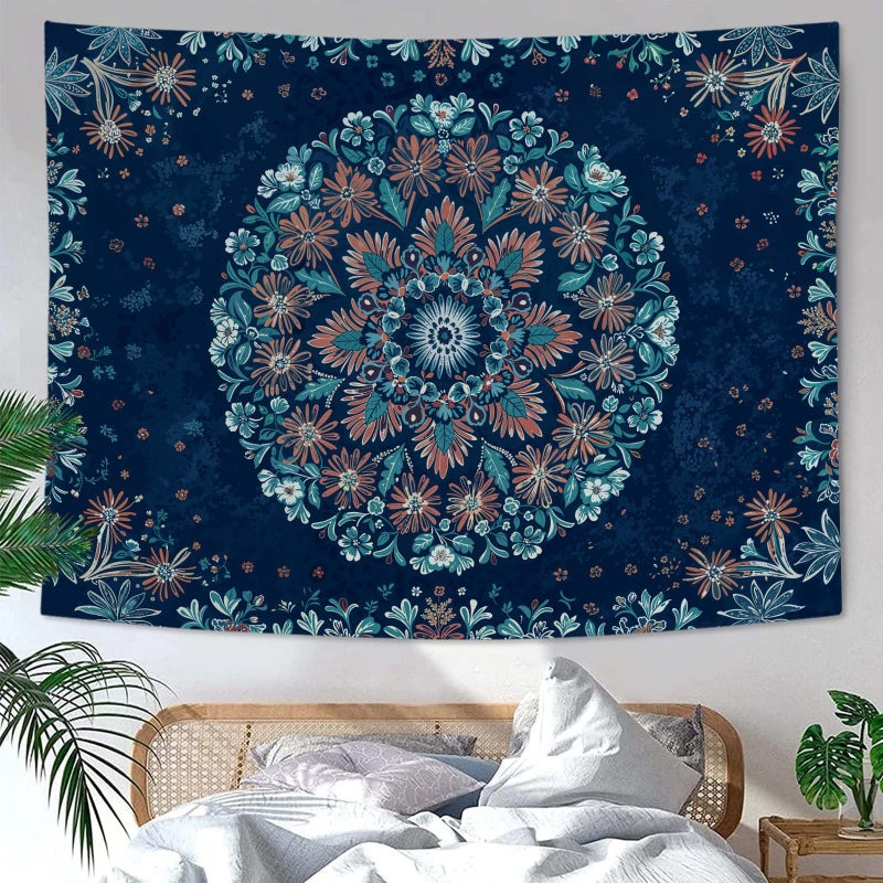 Fowocu Boho Floral Mandala Tapestry Wall Hanging Blue Bohemian Flower Medallion Tapestry Aesthetic Vintage Navy Hippie Indian Small Tapestries for Bedroom Living Room Dorm Decor 40 x 30 Inch - Image 3