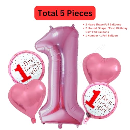 KITTER 5 Pcs 1st Birthday Decoration Set for Girls - 1st Birthday Decor-Foil, Pink - Image 5