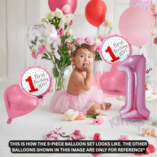 KITTER 5 Pcs 1st Birthday Decoration Set for Girls - 1st Birthday Decor-Foil, Pink - Image 3