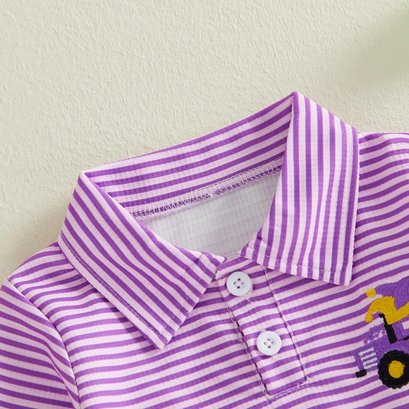 GOOCHEER Toddler Baby Boy Mardi Gras Outfit Carnival Striped Long Sleeve Polo Shirt Button Up Pullover Top (Purple, 4-5 Years) - Image 4