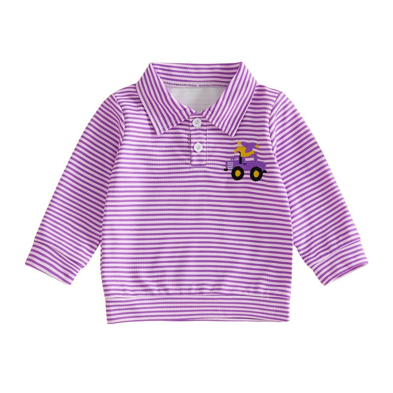 GOOCHEER Toddler Baby Boy Mardi Gras Outfit Carnival Striped Long Sleeve Polo Shirt Button Up Pullover Top (Purple, 4-5 Years) - Image 1