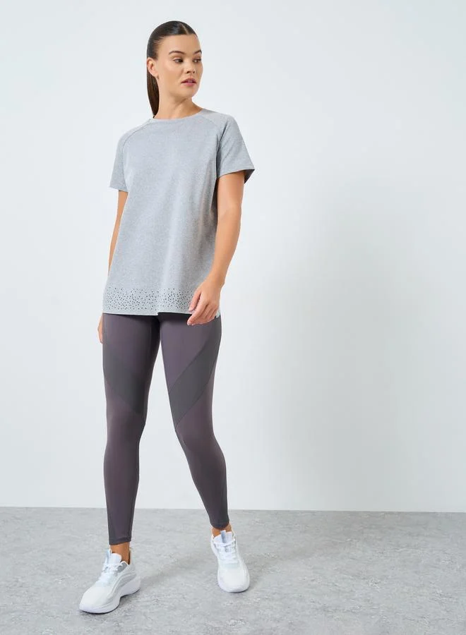 Styli Active Back Overlap Wrap Effect Short Sleeve Top with Laser Cut Detail