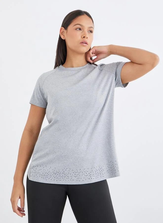 Styli Active Back Overlap Wrap Effect Short Sleeve Top with Laser Cut Detail