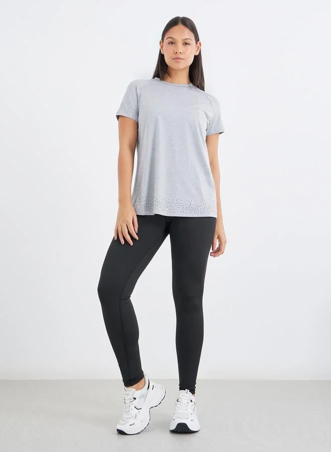 Styli Active Back Overlap Wrap Effect Short Sleeve Top with Laser Cut Detail