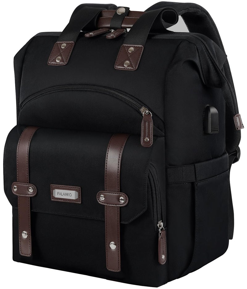 FALANKO Laptop Backpack For Women, Work Doctor Teacher Nurse Wide Open College 15.6 Inch Laptops Backpack Purse with USB Charging Port, Travel Water Resistant RFID Computer Bag for Men Women Black - Image 1