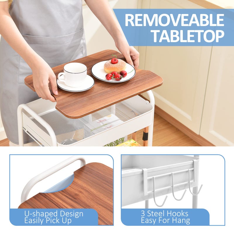 TOOLF 3-Tier Rolling Cart with Table Top, Metal Storage Cart on Wheels, Utility Organizer with Wooden Tray, Lockable Casters, Easy Assembly for Bathroom, Living Room, Office, Kitchen, White - Image 3