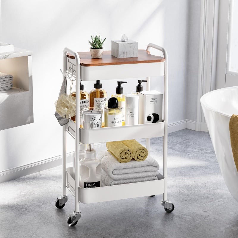 TOOLF 3-Tier Rolling Cart with Table Top, Metal Storage Cart on Wheels, Utility Organizer with Wooden Tray, Lockable Casters, Easy Assembly for Bathroom, Living Room, Office, Kitchen, White - Image 2