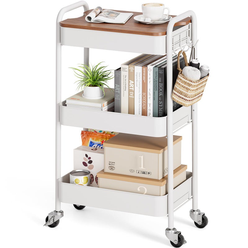 TOOLF 3-Tier Rolling Cart with Table Top, Metal Storage Cart on Wheels, Utility Organizer with Wooden Tray, Lockable Casters, Easy Assembly for Bathroom, Living Room, Office, Kitchen, White - Image 1