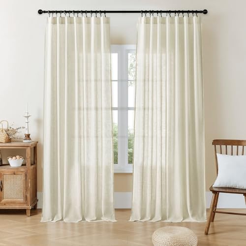 Joydeco Linen Curtains 96 Inch Length 2 Panel Sets,Light Filtering Curtains for Bedroom 52 Inch Wide Living Room Drapes with Back Tabs & Rod Pockets (W52 x L96 Inch, Beige) - Image 1