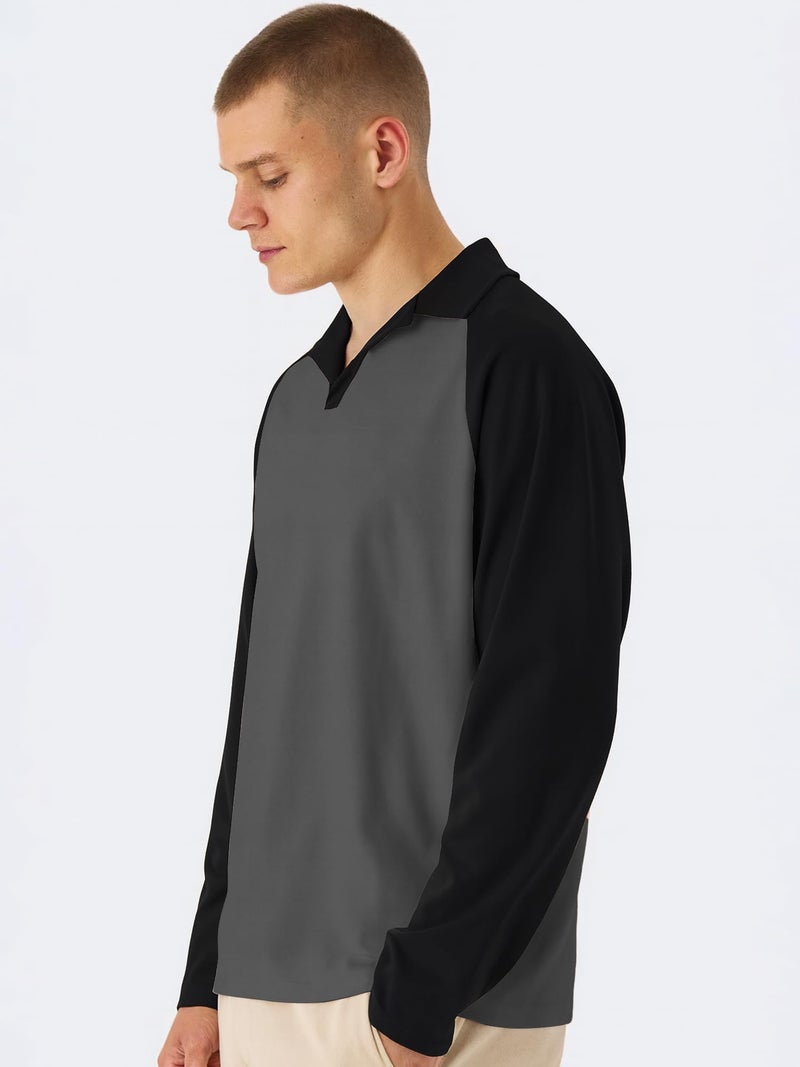 Jump Cuts Mens Colorblock Polo Neck Raglan Full Sleeve Steel Grey & Black LoopKnit Sweatshirt - Image 4