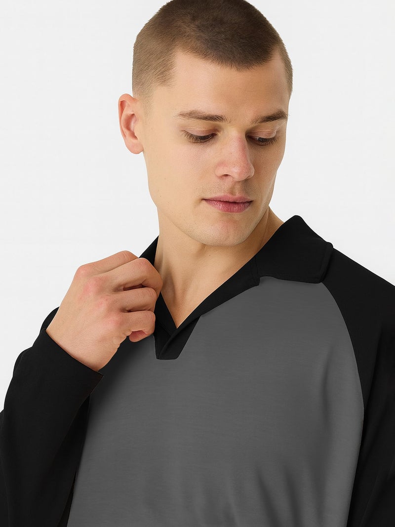 Jump Cuts Mens Colorblock Polo Neck Raglan Full Sleeve Steel Grey & Black LoopKnit Sweatshirt - Image 3