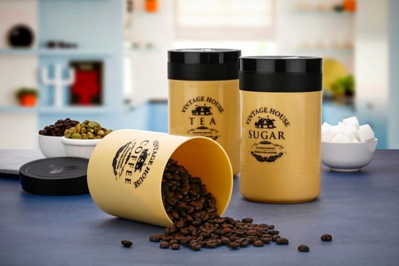 Arto Plastic Kitchen Coated Printed Tea Coffee Sugar Canisters Set of 3 800ML Brown - Image 2