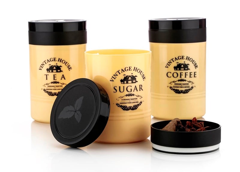 Arto Plastic Kitchen Coated Printed Tea Coffee Sugar Canisters Set of 3 800ML Brown - Image 3